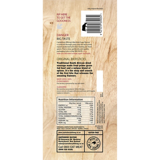 CANTERBURY BILTONG Grass Fed Biersticks Original 4pk 100g - back of pack showing ingredients and nutrition information