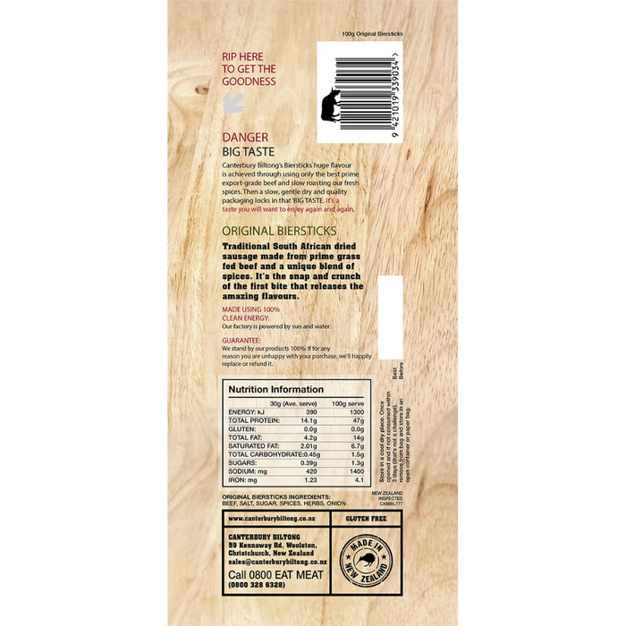 CANTERBURY BILTONG Grass Fed Biersticks Original 4pk 100g - back of pack showing ingredients and nutrition information