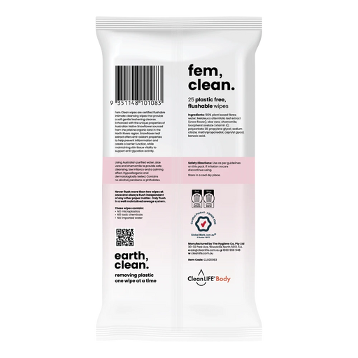 CLEANLIFE Fem Clean Intimate Flushable Plastic Free Wipes 25pk - back of pack showing directions and product information