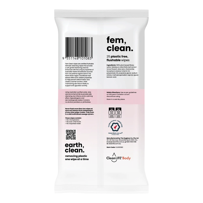 CLEANLIFE Fem Clean Intimate Flushable Plastic Free Wipes 25pk - back of pack showing directions and product information
