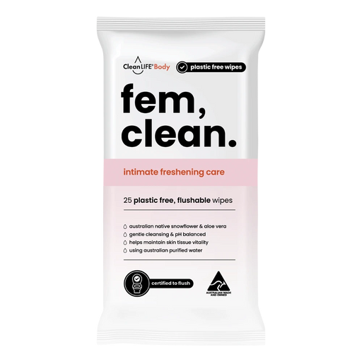 CLEANLIFE Fem Clean Intimate Flushable Plastic Free Wipes 25pk - front of pack