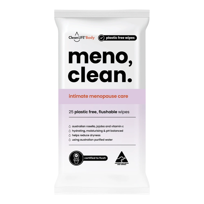 CLEANLIFE Meno Clean Wipes Flushable Plastic Free Wipes 25pk - front of pack