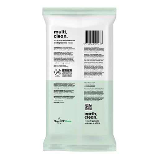 CLEANLIFE Surface Multi Clean Wipes 100pk - back of pack showing directions and product information