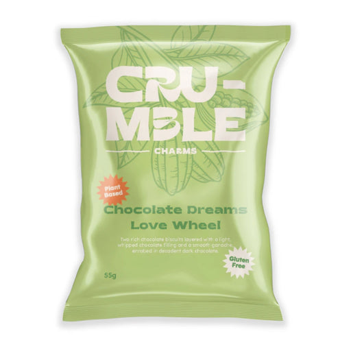 CRUMBLE CHARMS Chocolate Dreams Love Wheel 55g gluten free vegan chocolate coated biscuit