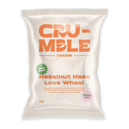 CRUMBLE CHARMS Hazelnut Haze Love Wheel 55g gluten free vegan chocolate coated biscuit
