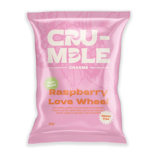 CRUMBLE CHARMS Raspberry Love Wheel 55g gluten free vegan chocolate coated biscuit