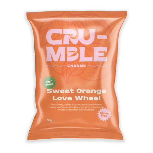 CRUMBLE CHARMS Sweet Orange Love Wheel 55g gluten free vegan chocolate coated biscuit