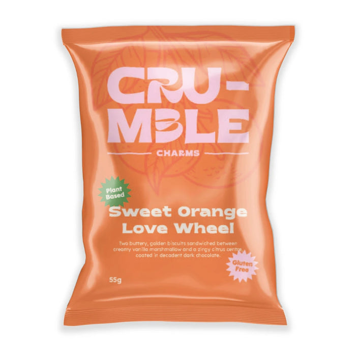 CRUMBLE CHARMS Sweet Orange Love Wheel 55g gluten free vegan chocolate coated biscuit