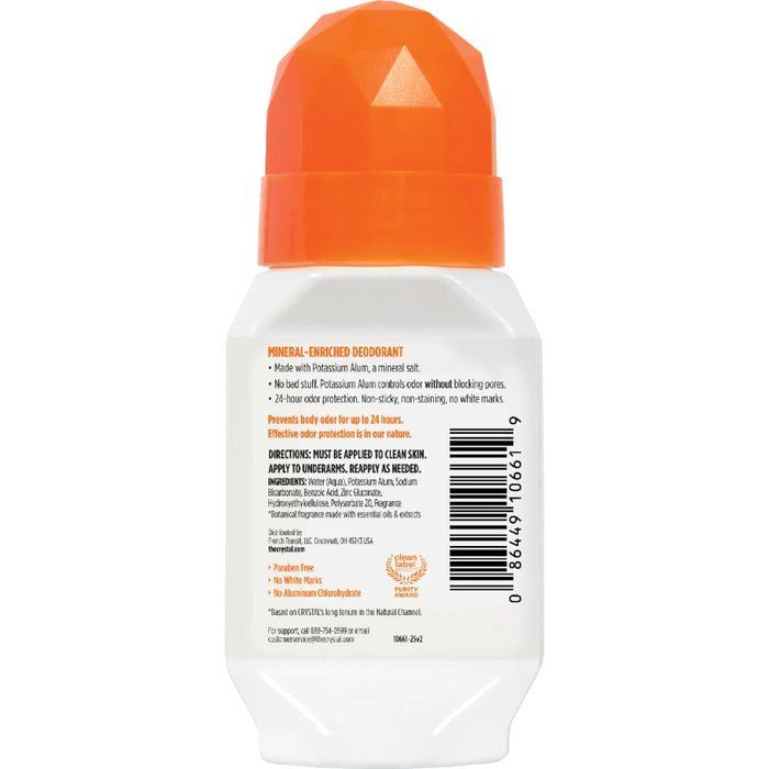 CRYSTAL Roll-On Deodorant Citrus & Cedar 66ml - back of pack showing ingredients and nutrition information