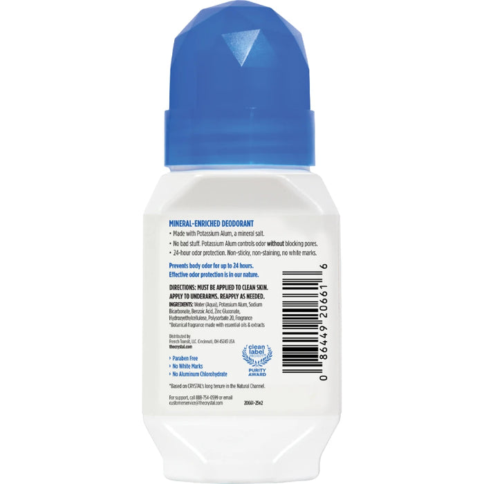 CRYSTAL Roll-On Deodorant Sea Salt & Sandalwood 66ml - back of pack showing ingredients and nutrition information