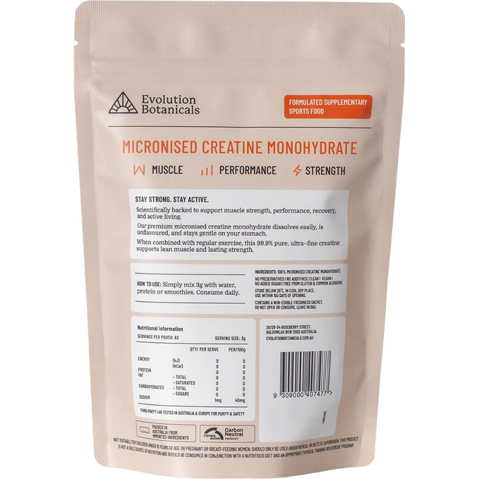 EVOLUTION BOTANICALS Micronised Creatine 250g - back of pack showing ingredients and directions for use