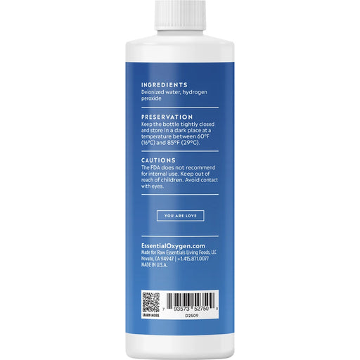 ESSENTIAL OXYGEN Hydrogen Peroxide 3% 473ml - back of pack showing ingredients and nutrition information