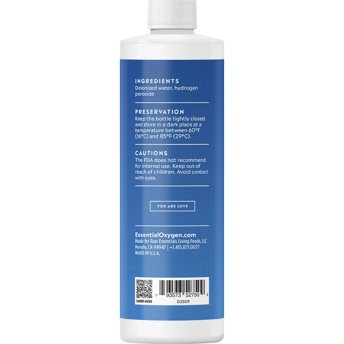 ESSENTIAL OXYGEN Hydrogen Peroxide 3% 473ml - back of pack showing ingredients and nutrition information