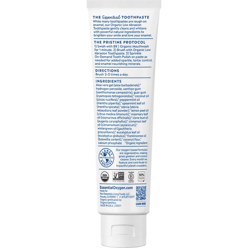 ESSENTIAL OXYGEN Organic Toothpaste Peppermint 113g - back of pack showing ingredients and nutrition information
