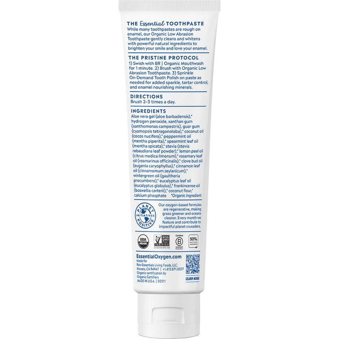 ESSENTIAL OXYGEN Organic Toothpaste Peppermint 113g - back of pack showing ingredients and nutrition information