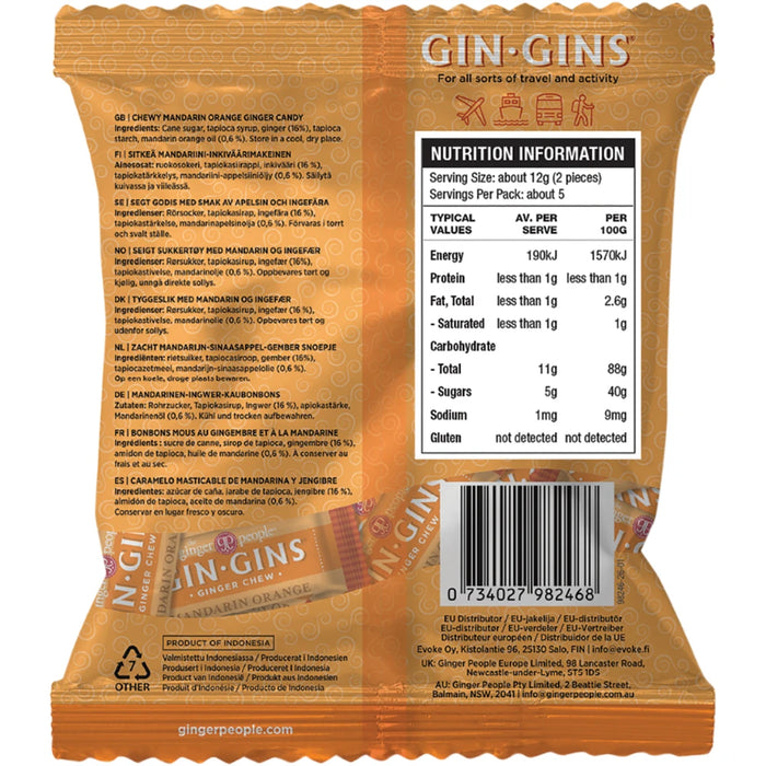 THE GINGER PEOPLE Gin Gins Mandarin Orange Ginger Chews 60g - back of pack showing ingredients and nutrition information