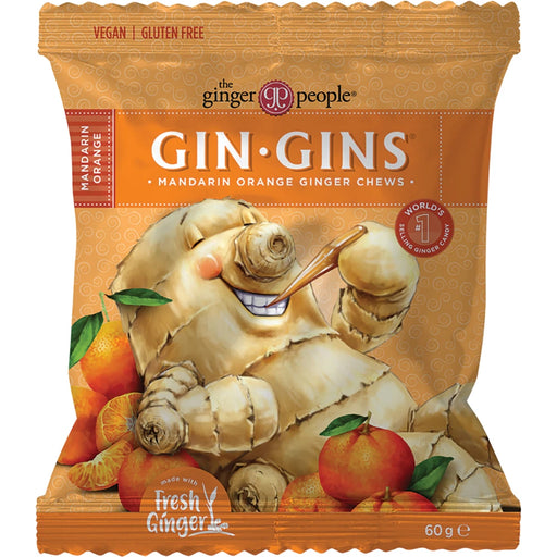 THE GINGER PEOPLE Gin Gins Mandarin Orange Ginger Chews 60g - front of pack