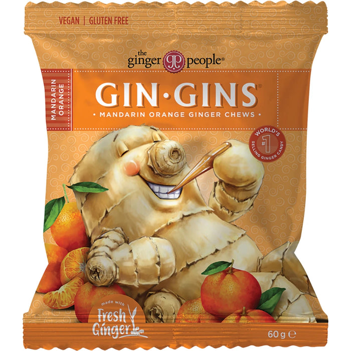 THE GINGER PEOPLE Gin Gins Mandarin Orange Ginger Chews 60g - front of pack