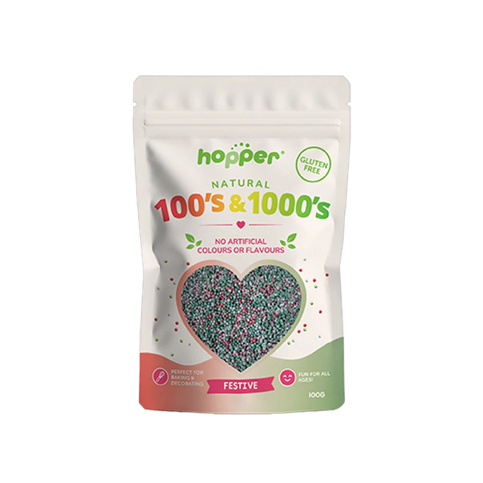 Hopper Natural 100s and 1000s Festive front of pack – no artificial colours or flavours, gluten free