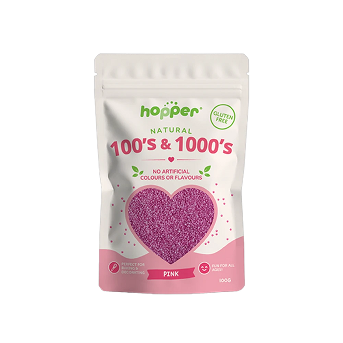 Hopper Natural 100s and 1000s Pink front of pack – no artificial colours or flavours, gluten free
