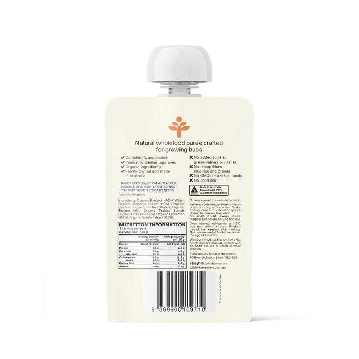LITTLE HARVESTERS Puree Pouch Coconut Chia and Cinnamon 120g ingredients and nutrition information panel
