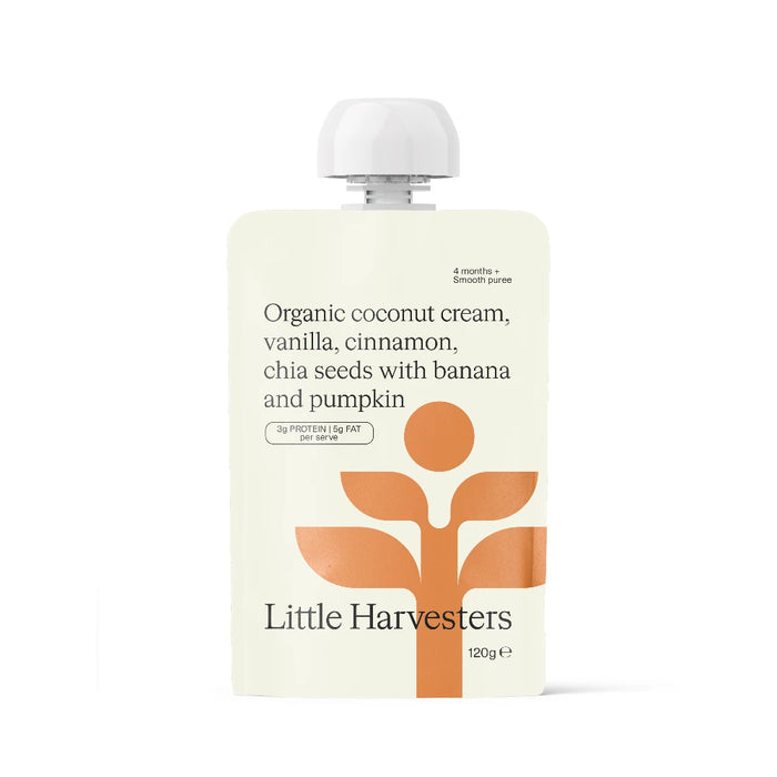 LITTLE HARVESTERS Puree Pouch Coconut Chia and Cinnamon 120g organic baby food pouch front