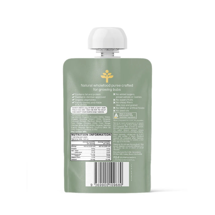 LITTLE HARVESTERS Puree Pouch Turmeric Chicken 120g ingredients and nutrition information panel