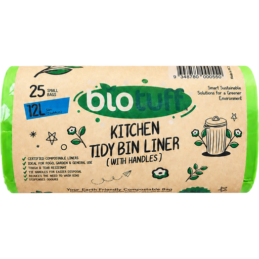 BIOTUFF Kitchen Tidy Bin Liner with Handles 12L 25 Bags roll front of pack
