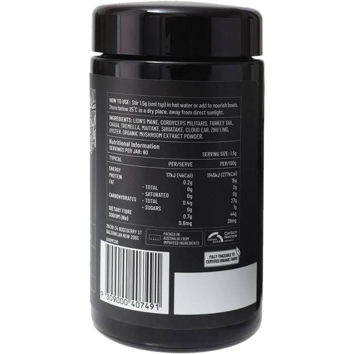 EVOLUTION BOTANICALS 10 Mushroom Formula Optimise Wellbeing 90g back label with ingredients
