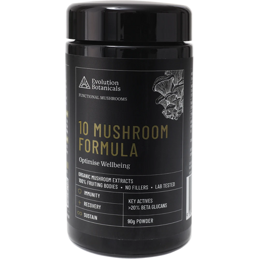 EVOLUTION BOTANICALS 10 Mushroom Formula Optimise Wellbeing 90g jar front