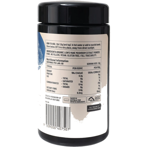 EVOLUTION BOTANICALS Organic Lion's Mane Food For Thought 90g back label with ingredients