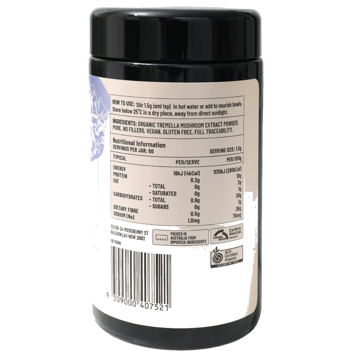 EVOLUTION BOTANICALS Organic Tremella Beauty Glow 90g back label with ingredients