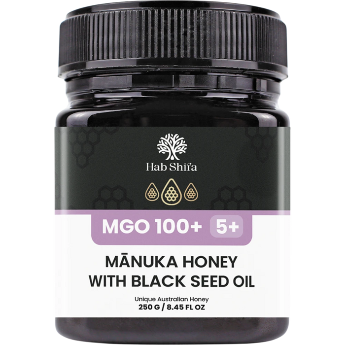 HAB SHIFA Manuka Honey with Black Seed Oil MGO100+ 250g front of jar