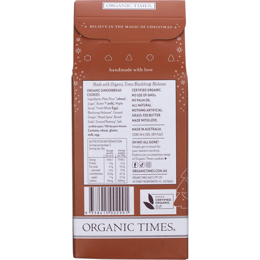 ORGANIC TIMES Organic Gingerbread Cookies 130g back of pack ingredients and nutrition panel