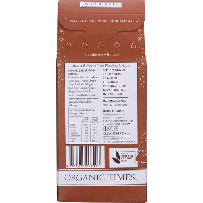 ORGANIC TIMES Organic Gingerbread Cookies 130g back of pack ingredients and nutrition panel