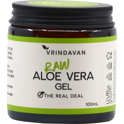VRINDAVAN Raw Aloe Vera Gel 100ml front of jar
