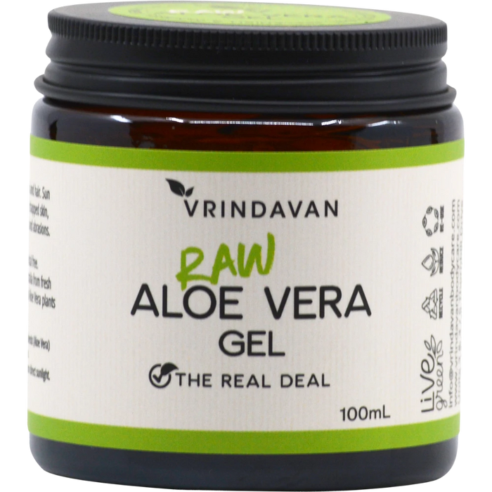 VRINDAVAN Raw Aloe Vera Gel 100ml front of jar