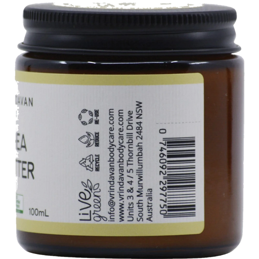 VRINDAVAN Organic Shea Butter 100ml back label with ingredients