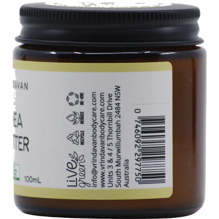 VRINDAVAN Organic Shea Butter 100ml back label with ingredients