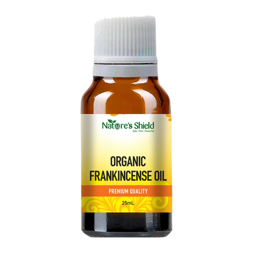 Nature's Shield Organic Frankincense Essential Oil 25ml in amber glass bottle - front of pack