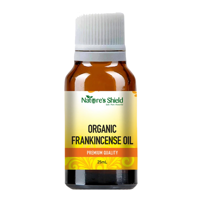 Nature's Shield Organic Frankincense Essential Oil 25ml in amber glass bottle - front of pack