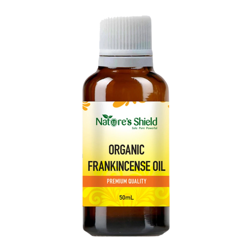 Nature's Shield Organic Frankincense Essential Oil 50ml in amber glass bottle - front of pack