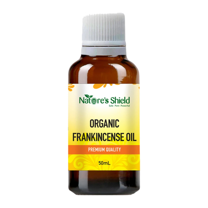 Nature's Shield Organic Frankincense Essential Oil 50ml in amber glass bottle - front of pack