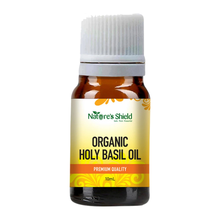 Nature's Shield Organic Holy Basil Essential Oil 10ml in amber glass bottle - front of pack