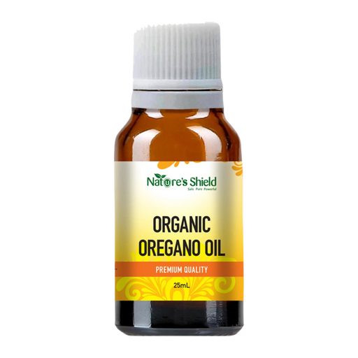 Nature's Shield Organic Oregano Essential Oil 25ml in amber glass bottle - front of pack