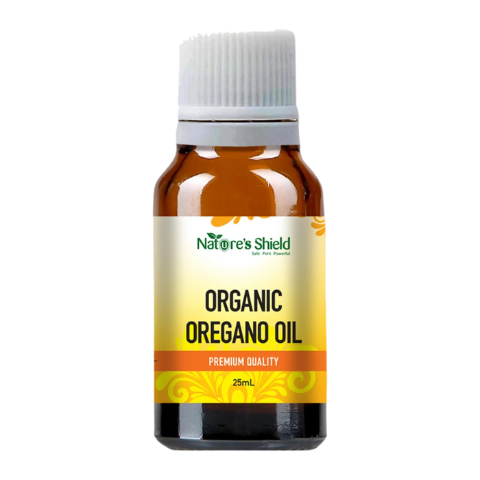 Nature's Shield Organic Oregano Essential Oil 25ml in amber glass bottle - front of pack