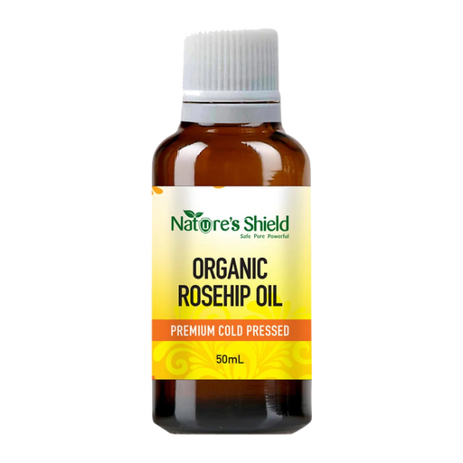 Nature's Shield Organic Rosehip Oil 50ml in amber glass bottle - front of pack