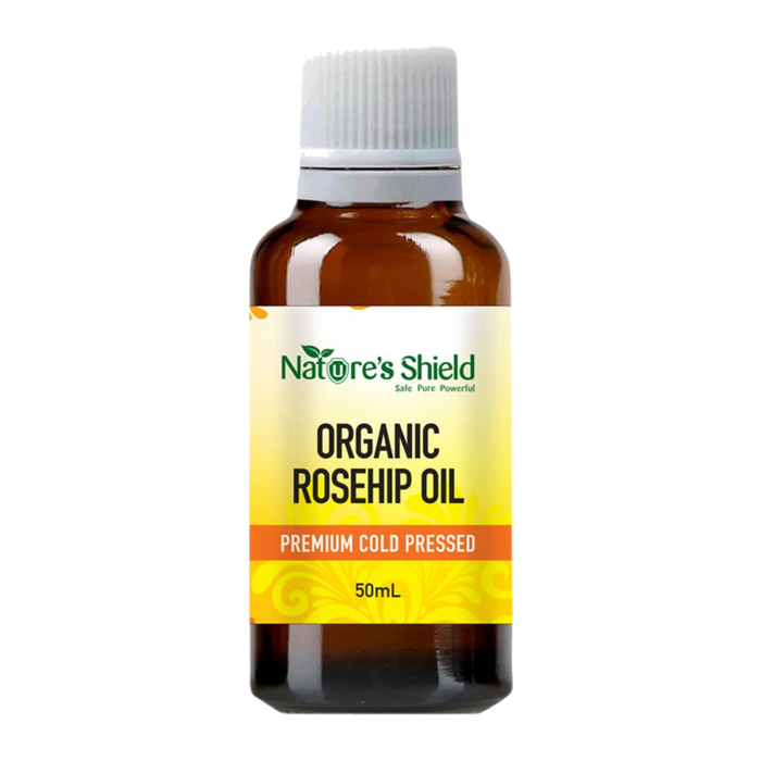Nature's Shield Organic Rosehip Oil 50ml in amber glass bottle - front of pack