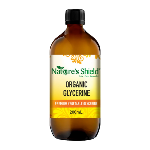 Nature's Shield Organic Glycerine 200ml in amber glass bottle - front of pack