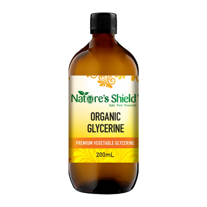 Nature's Shield Organic Glycerine 200ml in amber glass bottle - front of pack